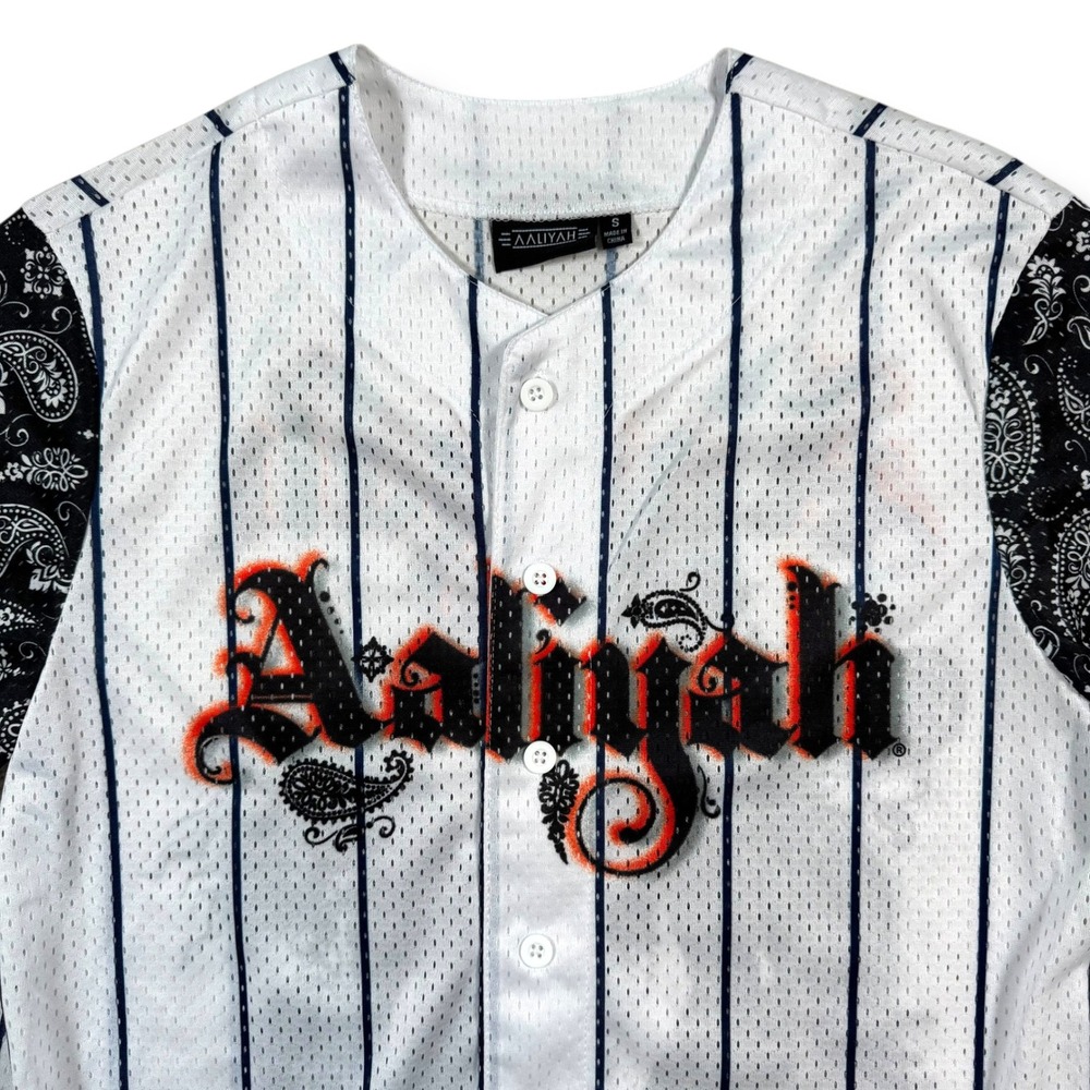 Aaliyah Baseball Jersey Women Small White Pinstripe Paisley Mesh Graphic Shirt‎